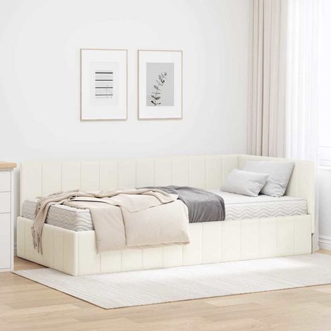 vidaXL Cadre de lit d'angle avec matelas 2 pc Crème Velours (1/5)