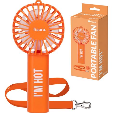 Ventilateur portable orange. Ventilateur à main rechargeable avec 3 vitesses et cordon de suspension, parfait pour l’été, les déplacements et l’utilisation quotidienne, 13,5x 6x5 cm (1/5)