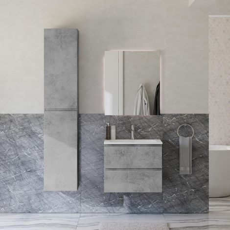 BERNSTEIN - Ensemble meuble vasque 60x46x50cm + Armoire Colonne 35x35x170cm & Miroir carré LED dimmable 60x70cm (LxH) - Gris béton - AVA