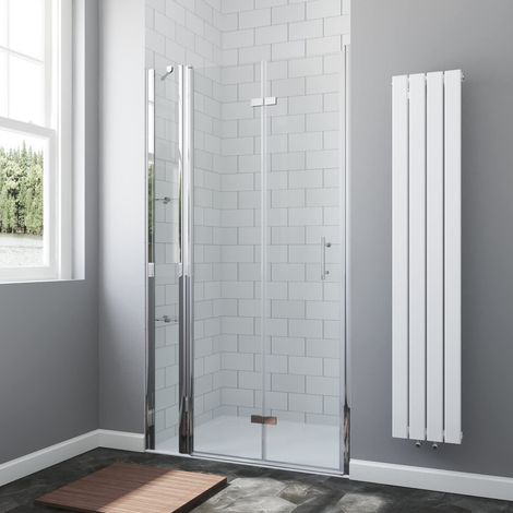 90x197 cm Nischentür Faltbare Duschtür in Nische Dusche Nischenfalttür Falttür mit Festteil und Eckregalen Duschablagen aus 6 mm ESG Nano Echtglas (1/5)