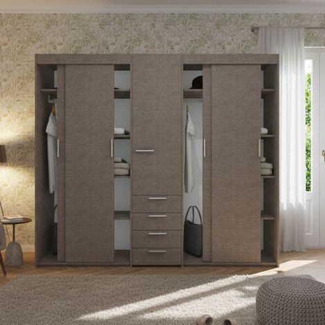 Armadio scorrevole L.225 cm con cassettiera centrale integrata - Grigio fumo