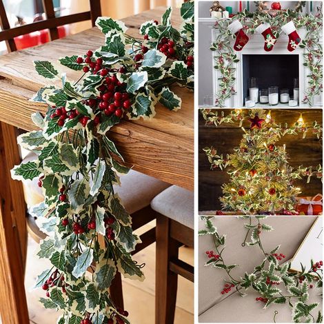 2M Holly Leaves Decor Christmas Garland Fake Red Berries Artificial Greenery (1/5)