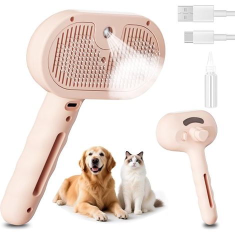 Dampfbürste für Katzen, 3-in-1-Multifunktionsbürste für Katzen und Hunde, Fellpflege, Massage und Fellpflege, für alle lang- und kurzhaarigen Haustiere, Rosa (1/5)
