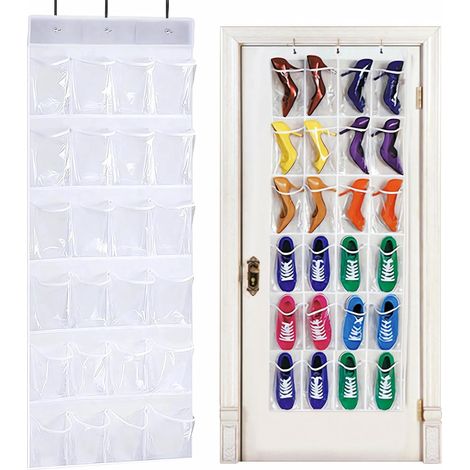 Organiseur De Chaussures Sur Porte - 24 Poches - Maille Respirante Non Tissée Et PVC Transparent - Pour Chambre Salle De Bain Armoire - 1 Pièce (1/5)