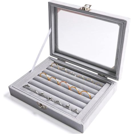 Plateau Rangement Bijoux - 7 Compartiments - Velours Gris - Couvercle Verre - Pour Tiroir Ou Vitrine - 17,8x13,5cm (1/5)