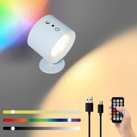 Applique Murale Intérieure, Lampe de Chevet Sans Fil Tactile LED avec Télécommande, Lampe Murale RGB à Gradation Rotatifs 360° Rechargeable avec Minuterie Applique Murale Chambre Salon-blanc[ (1/4)