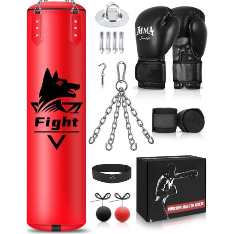 Ensemble Sac de Frappe Suspendu, Sac de Frappe Adulte Non rempli avec Gants de Boxe et Accessoires, Sac Lourd en Cuir Microfibre pour l'entraînement au Kickboxing, Fitness, MMA, Grappling (1/5)