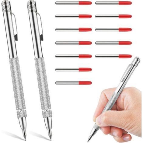 Lot de 2 outils de traçage, stylo en carbure de tungstène, aiguille à tracer en métal dur avec aimant, aiguille à tracer avec 12 pointes de marquage Red Hat de rechange pour verre et tôle (1/5)