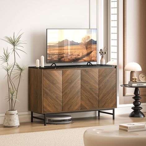 Meuble TV. meuble télé avec 4 portes. plateau effet marbre. étagères réglables. 120x39x76cm. noyer