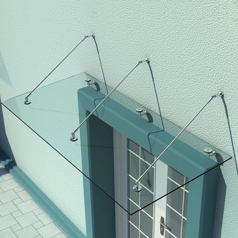 Auvent en verre, marquise de porte, verre trempé (ESG), acier inoxydable, verre clair, 200 x 90 cm