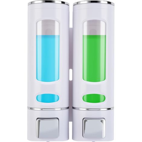 Distributeur Savon Mural, Distributeur Gel Douche, Distributeur Double de Shampoing et Après-shampoing sans Perçage ABS pour Salle de Bain Hôtel Cuisine Marché Restaurant 400ML2(Blanc)'Blanc 2x400ml'B