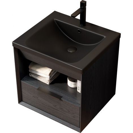 Mobile bagno sospeso 51 cm con lavabo integrato in ceramica, cassetto e ripiano, nero (1/5)