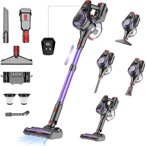 Aspirateur Balai sans Fil Puissant 40KPa 450W, LED Verte, Autonomie 50min, Autoportant, Brosse Anti-Emmêlement, Filtre HEPA 99,99%, sans Sac, Poils d’Animaux, Tapis et Sols Durs (1/5)
