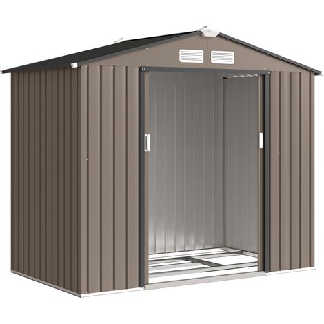 Abri de jardin 2,77 m², cabane en acier marron avec porte coulissante, dimensions 213 x 130 x 185 cm (1/5)