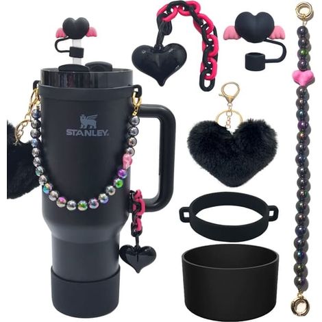 Kit d'accessoires Coupe Stanley avec chaînette à billes, paille en forme de fleur et pompon, noir, taille M