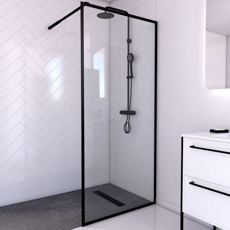 MARWELL Duschwand City - 90 x 200 cm - schwarz  - Begehbare Dusche - Walk-In – Duschabtrennung- schwarze Duschwand