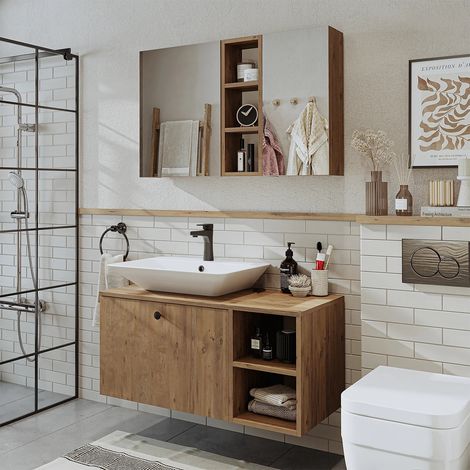 Lotus Bathroom Set of 2, Vanity Unit with Over Counter Wash Basin / Bowl and Mirror Cabinet, 95 cm, Oak Effect