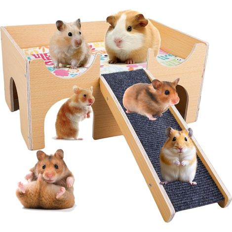 Maison Cabane Cochon d'Inde avec Rampe 4 Entrées, Lapin Intérieur en Bois, Cabane Lapin et Cochon d’Inde pour Rongeurs, Chinchilla, Hamsters Nains 38 x 23,7 x 18 cm (1/5)