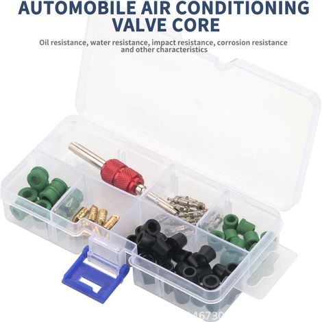 Kit de 71 pièces comprenant joints, outils de démontage d'obus de valve de climatisation, adaptateurs de tuyau et joints d'obus de valve en caoutchouc. (1/5)