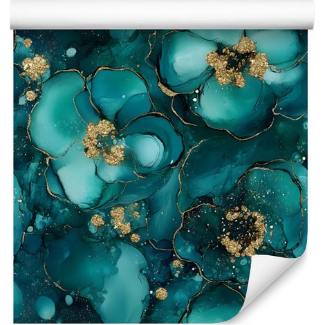 Papier peint encre turquoise, bleu marine et jaune pour salon et chambre 50x1000 cm (1/5)