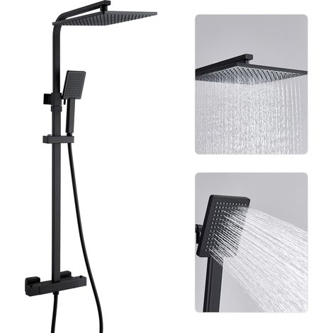 Auralum Max Schwarz Duschsystem mit Thermostat, Duscharmatur Duschset mit 10 Zoll Regendusche, Handbrause und höhenverstellbarer Duschstange (1/5)