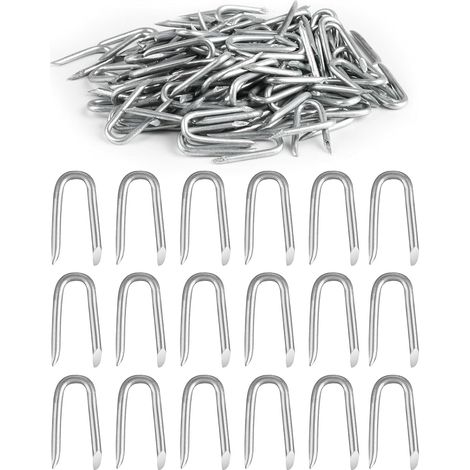 100 pièces Clou Double Pointe – agrafe grillage, Cavalier Fixation de U pour Filets Clôture, Agrafes Galvanisées pour Filets, Fixations pour Treillis de Jardin (1/5)
