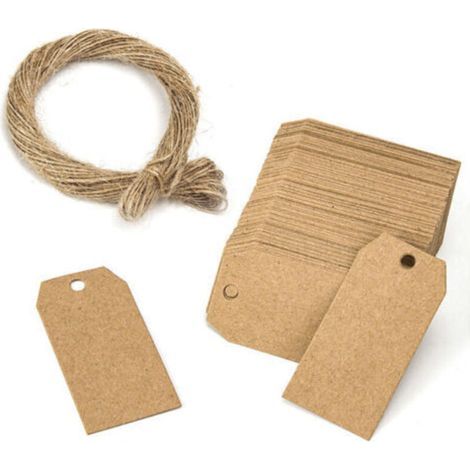 Pack of 100 kraft paper tags - hanging tags with 20 meters of natural jute twine for gifts, weddings, Valentine's Day - 3 x 5 cm, Versailles (1/5)