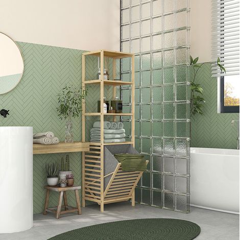 Estantería de baño de bambú 44 x 33 x 160 cm con 3 estantes y cesto abatible OKWISH (1/5)