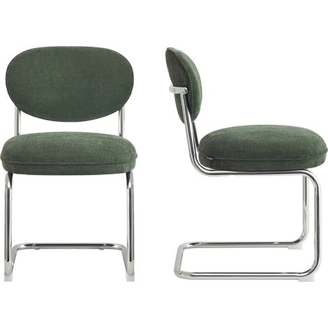 Lot de 2 chaises de salle à manger en tissu chenille vert, piètement chromé - Lou (1/5)