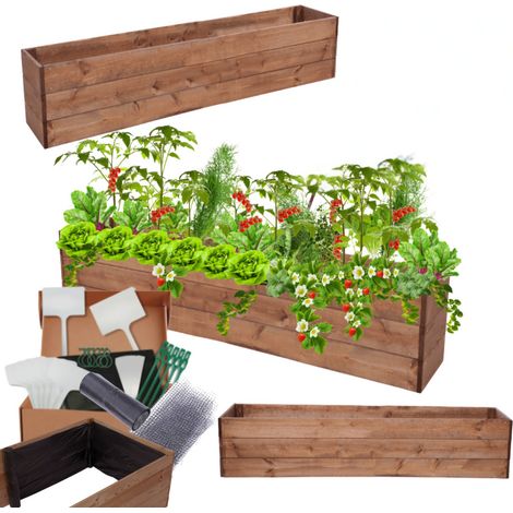 MODO24 Carré potager ZP06 surélevé en bois de pin massif pour jardin et terrasse, 27x120x30 cm, brun imprégné