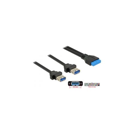 Delock Base de conexiones del cable USB 3.0 hembra de 19 contactos 2,00 mm  2 x USB 3.0 Tipo-A hembra de instalaciÃ³n en panel de 80 cm