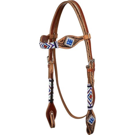 Testiera western in cuoio decorato a rombi con perline blu