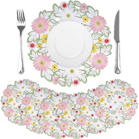 Kindfiber OÜ-Lot de 6 Sets de Table Ronds Brodés, 38 cm  Dessous Assiette Dentelles Florales Été pour Cuisine et Salle à Manger Décor de Table (1/5)