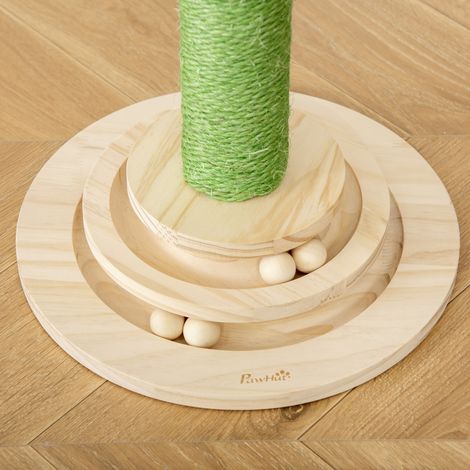Arbre à chat cactus 60 cm avec corde sisal, socle bois et balles, griffoir pour félin 32x32 cm. (1/5)