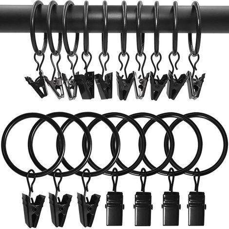 Pince Rideaux,Anneau Rideau 40 Pièces Pince Anneaux de Rideaux avec Pinces Metal Rideau Clips de Crochets Décoratifs de Diamètre Intérieur 35 mm-Noir (1/5)