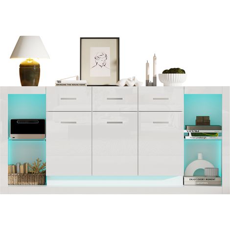 ELVMI Aparador con 3 Puertas, 3 Cajones, 14 Compartimentos, LED y Estantes Ajustables, Salón, Blanco, 160 x 40 x 75 cm (1/5)