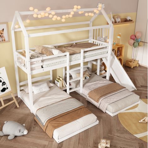 Letto a castello 272x206x221 cm bianco in pino e MDF con 3 posti, scivolo e vano contenitore (1/5)