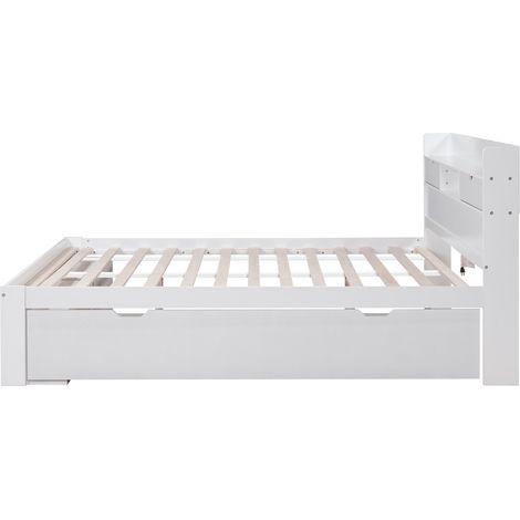 Letto matrimoniale 160 x 200 cm bianco con USB, cassetti e vani, senza materasso (1/5)