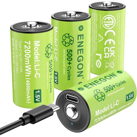 4 piles rechargeables C/LR14, 1,5 V 7200 mWh avec câble de charge rapide USB-C – Idéal pour les lecteurs CD, radios, lampes de poche, lumières de camping/d'urgence, jouets pour enfants (1/5)