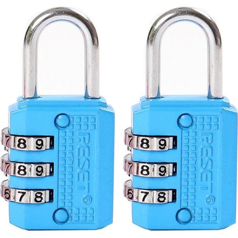 Cadenas à combinaison 3 chiffres, reconfigurable, bleu, 2 pièces