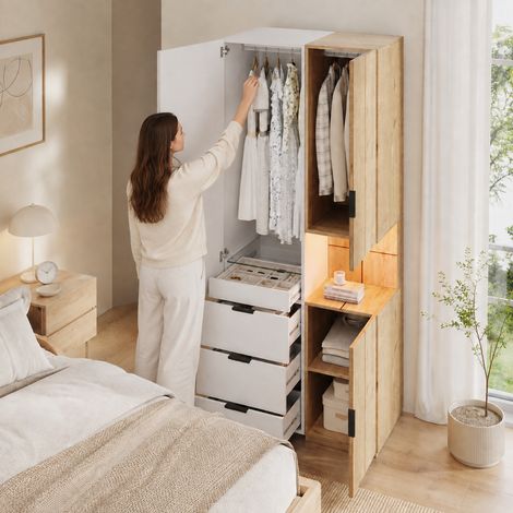 Kleiderschrank 90 x 49 x 200 cm mit LED-Beleuchtung, 2 Kleiderstangen und 4 Schubladen OKWISH (1/5)