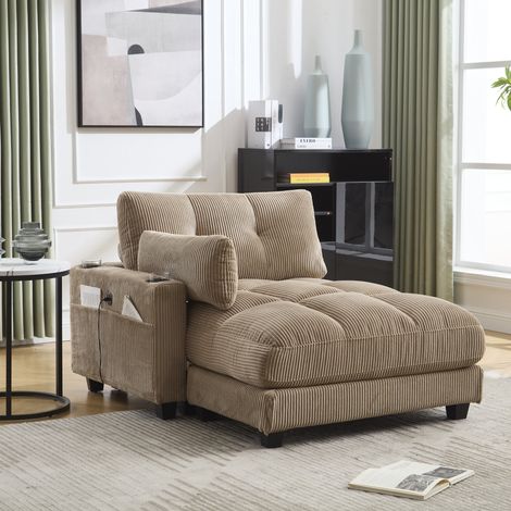 Sillón lounge de pana caqui 140 x 112 x 81 cm con USB y 3 portavasos (1/5)