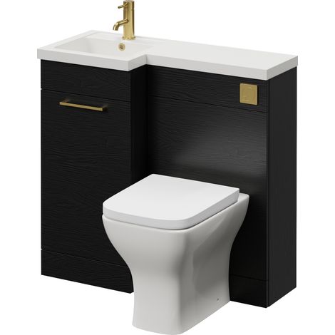 Napoli 390 Nero Oak 900mm Single Door Vanity Unit Toilet Suite with Left Hand Square Lucia Basin - 900mm - Brushed Brass 160mm HandleWith Kingston Toilet Pan and Seat