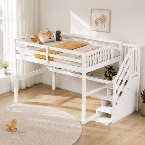 Cama alta infantil 140x200 cm de madera blanca, ahorra espacio, sin colchón FloraGrace (1/5)