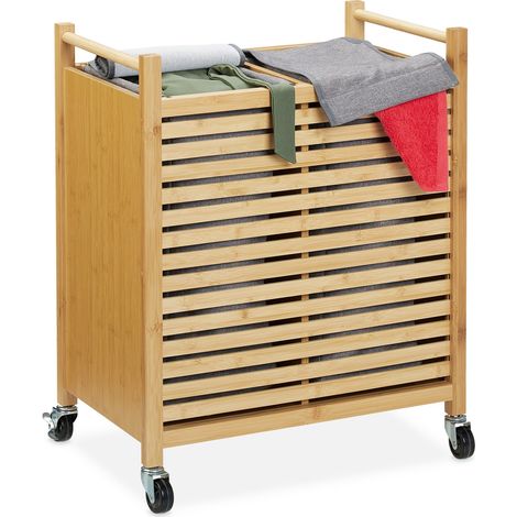 Relaxdays Cesto Portabiancheria, 2 Sacchi 28 l, per Panni Sporchi, con Ruote, HLP 66,5x54x35 cm, Bambù, Naturale Grigio (1/5)