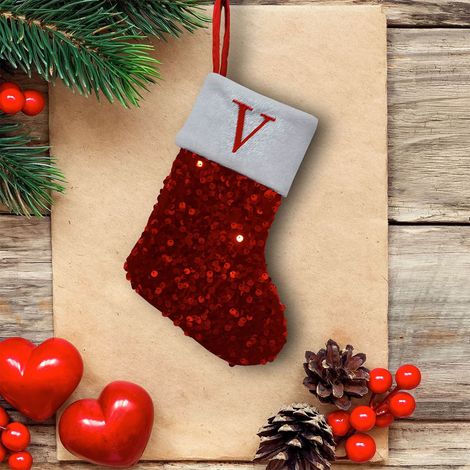 Chaussette De Noël - 20 X 15 Cm - Velours Avec Paillettes Et Broderie Initiale - Pour Cheminée Arbre Décoration Intérieure - 1 Pièce (1/5)