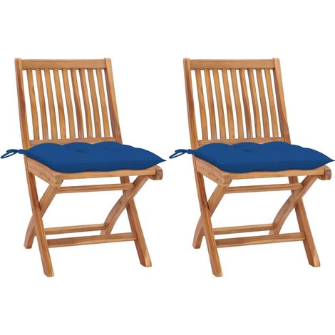 Sedie pieghevoli, 2 pezzi, con cuscini blu, in legno massello di teak. vidaXL (1/5)