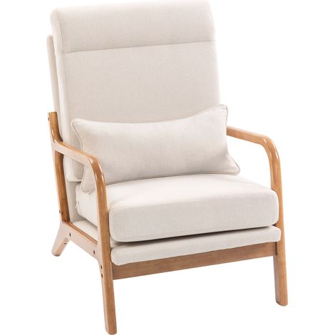 Fauteuil salon, fauteuil d'appoint rembourré en lin avec large assise, support lombaire, haut dossier, 64x86x93cm, crème (1/5)
