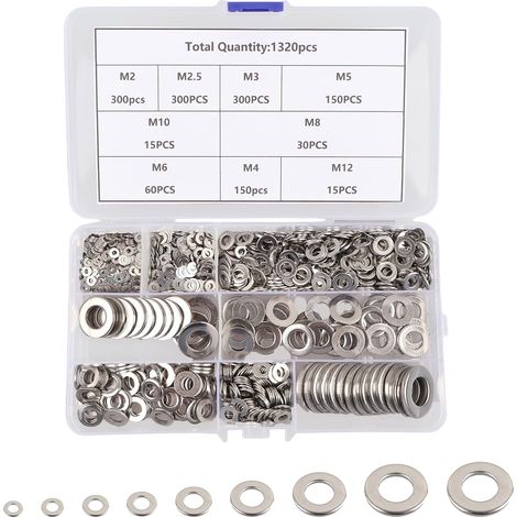 1320 Pcs Rondelles Metal Plate (M2, M2,5, M3, M4, M5, M6, M8, M10, M12), Rondelles Inox pour Gonds de Porte und Véhicule à Moteur Composants filetés (1/5)