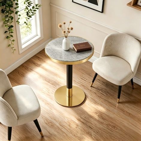 Moderner runder Beistelltisch in Marmoroptik mit goldener Kante, Ø 60 cm (1/5)